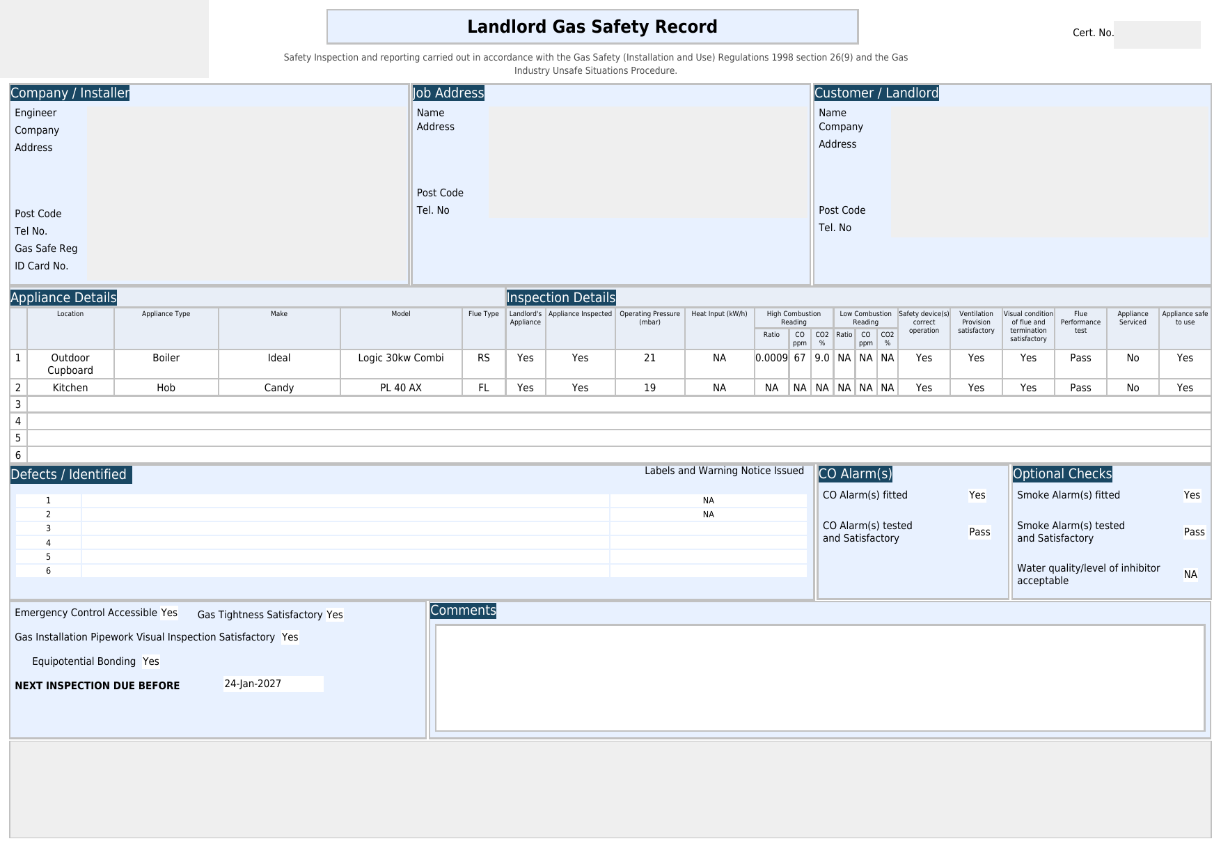 Gas Safety certificate preview with identifying details redacted